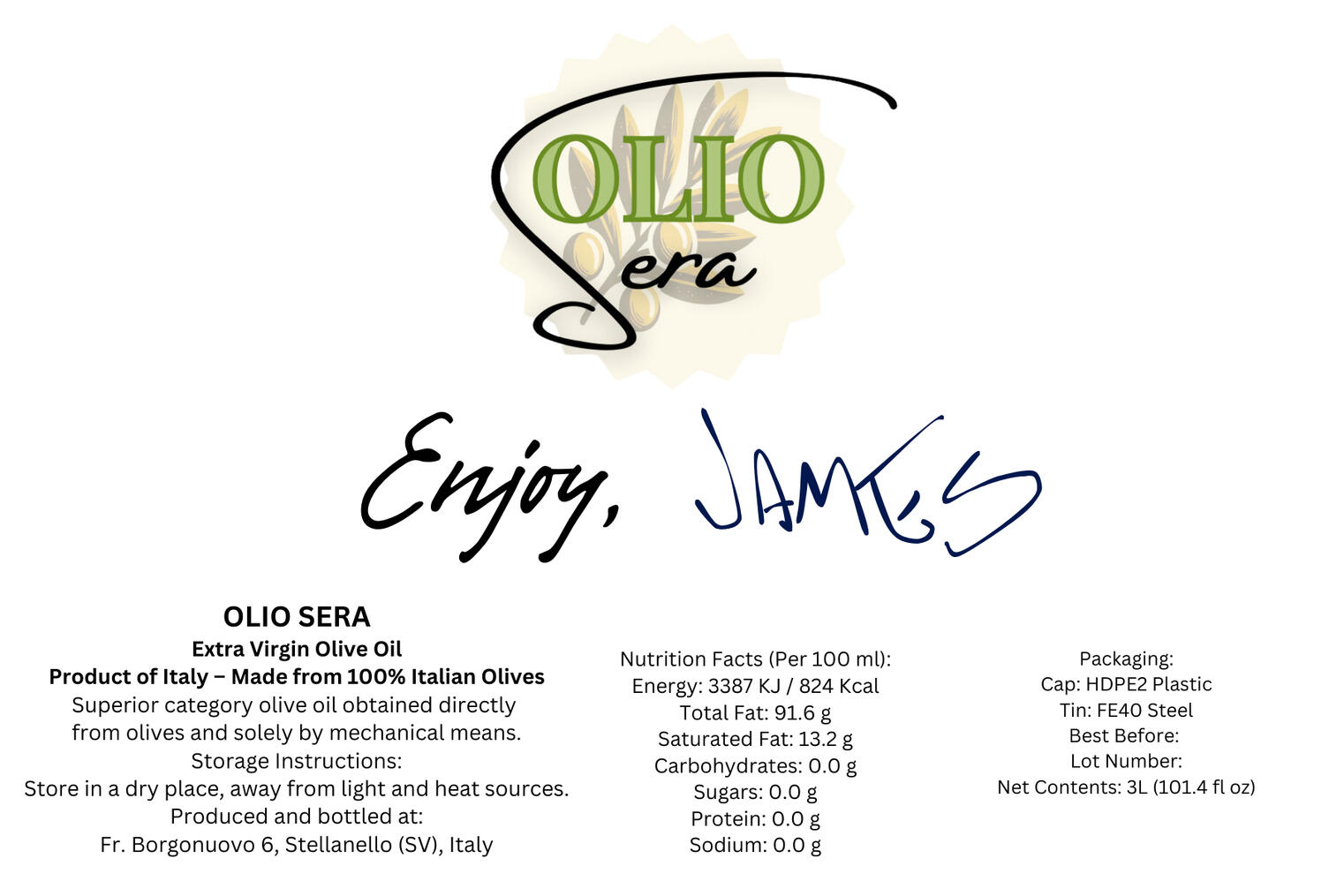 Olio Sera Personalized Label