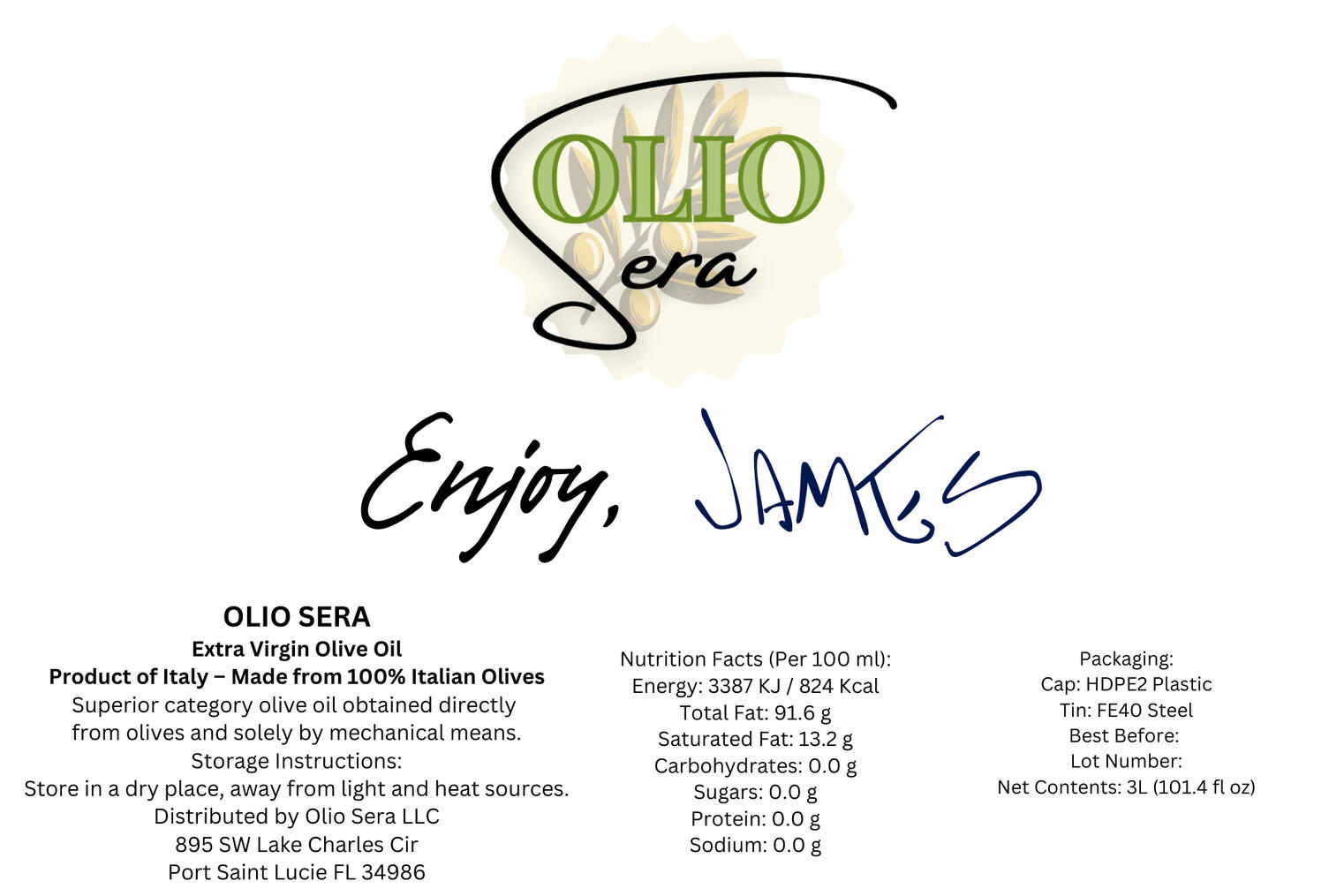 Olio Sera Personalized Label Olio Sera Personalized Label